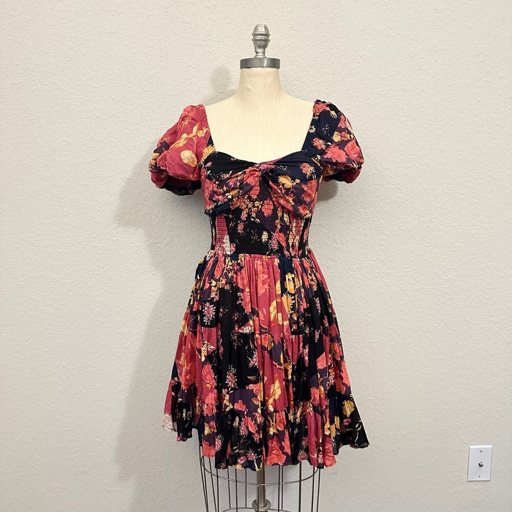 FREE PEOPLE Sundrenched Printed Mini Dress Floral Smocked Tiered Fairy